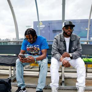 Stephen Thomas backstage with a member of his team at the Woody Fest